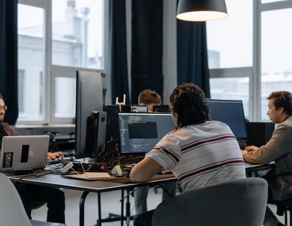 Custom software development team at work