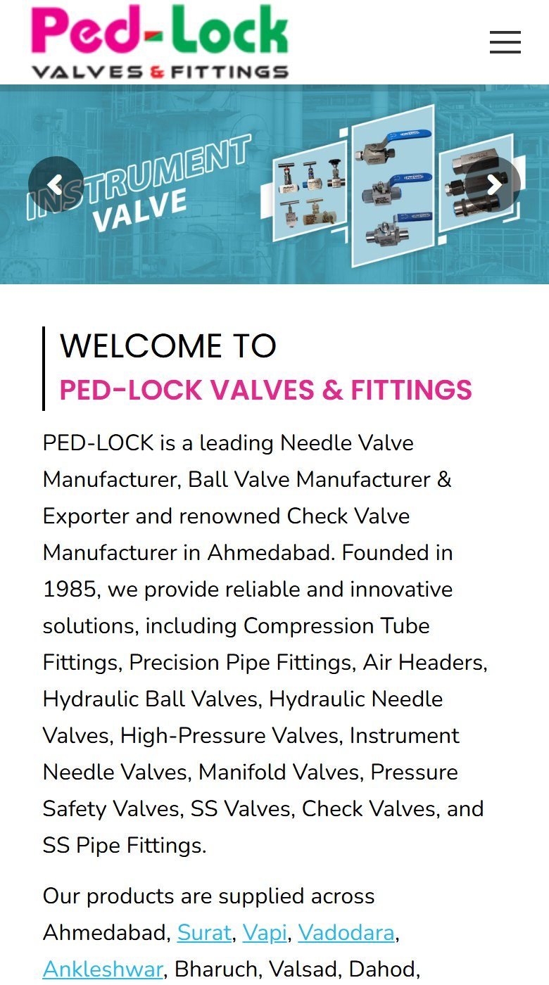 Ped-Lock Valves & Fittings website homepage designed by Expert Web Designing (mobile view)